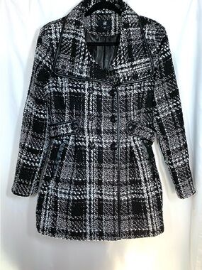 Iz Byer Black & White Plaid Double-Breasted Pea Coat